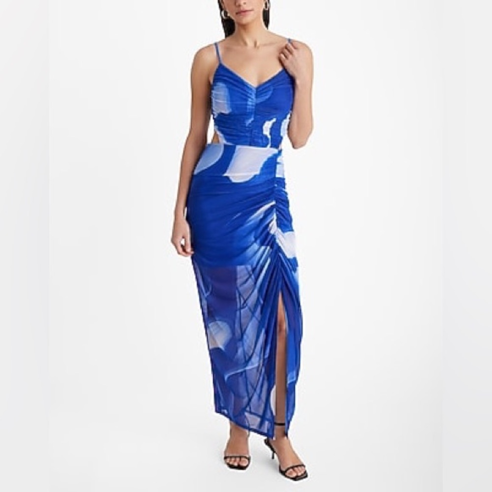 Express Blue Mesh Ruched Cutout Maxi Dress in XL